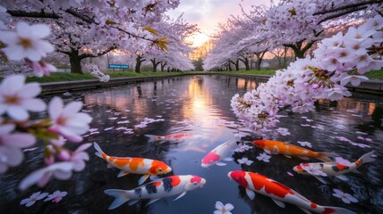 AI-Generated serene Japanese garden landscape background with blooming cherry blossoms and colorful koi fish swimming in peaceful pond for spring season and cultural tourism marketing.