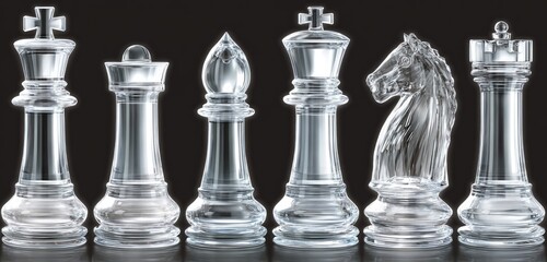 Crystal-clear chess pieces arranged