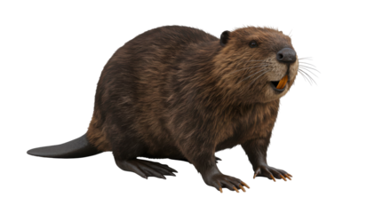 Realistic beaver standing on all fours isolated on white background with lush greenery