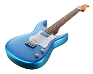 Shiny blue electric guitar with white pickguard on a black background
