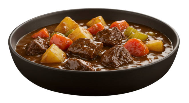 Hearty beef stew with vegetables in a black bowl isolated on white background garnished and ready to serve