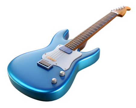 Shiny blue electric guitar with white pickguard on a black background
