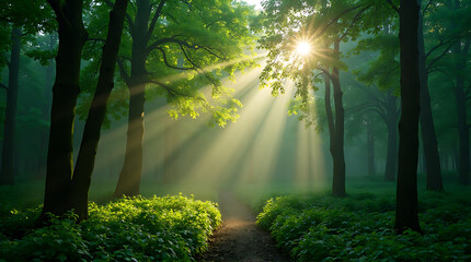 Obraz premium Enchanting Sunlight Streaming Through Forest Canopy Illuminating Path Creating Ethereal Scene