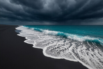 AI-Generated powerful ocean waves landscape background crashing on volcanic black sand beach under dramatic storm clouds for extreme weather and coastal tourism content.