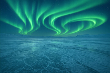 AI-Generated spectacular aurora borealis northern lights landscape background over frozen arctic ice surface with swirling green patterns for nature photography and winter travel marketing.