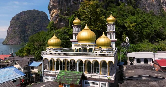 Ko Panyi Darussalam Mosque In The Unique Floating Village Of Ko Panyi, Thailand. Aerial Drone Shot