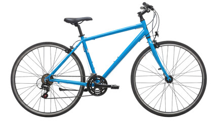 Fototapeta premium Bright blue bicycle parked on a sunny street with trees and buildings in the background