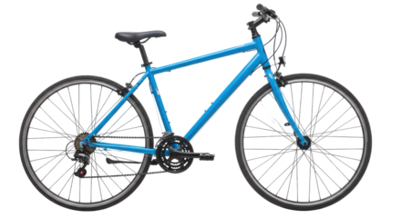 Bright blue bicycle parked on a sunny street with trees and buildings in the background