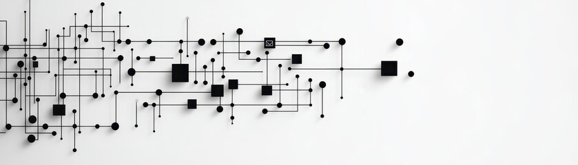 Abstract geometric composition with interconnected lines squares circles and dots creating a modern technical and digital design in monochrome style