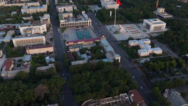 Ala Too Square Historical Landmark In Bishkek, Kyrgyzstan. Aerial Drone Shot