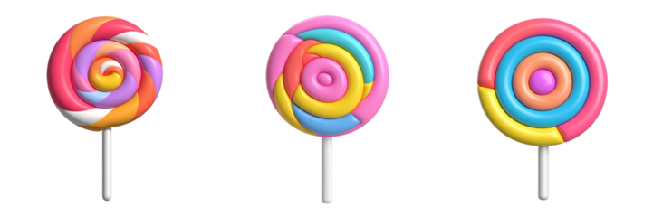 Three Colorful Swirl Lollipops On White Stick Against Transparent Background