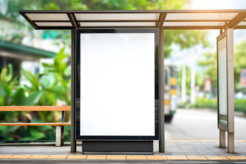 Blank White Billboard Mockup at Outdoor Bus Stop in Sunny City. Mock up promotion information for marketing announcements and details, blank white space.