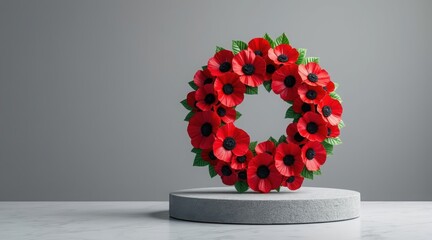 A remembrance day poppy wreath on a podium for a memorial and commemoration event