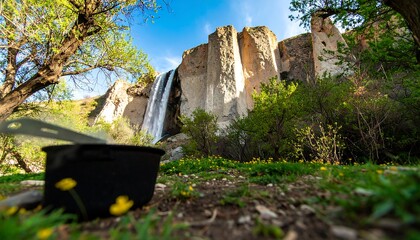 Waterfall cascading down rocky cliffs, a cooking pot in foreground