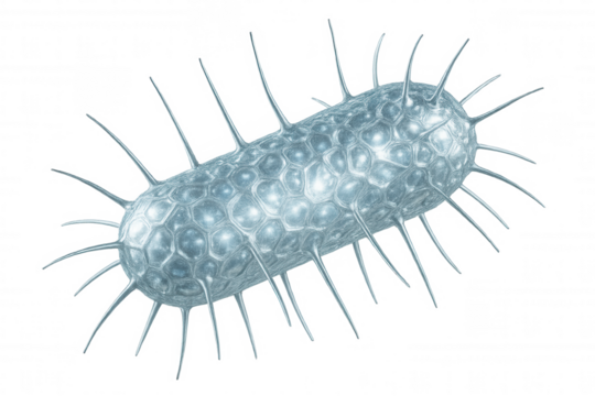 Microscopic close-up of a virus showcasing its cellular structure, isolated on a transparent background
