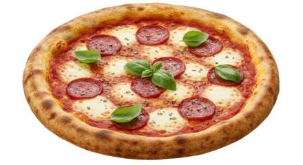 Freshly baked pepperoni pizza garnished with basil isolated on white background inviting ambiance