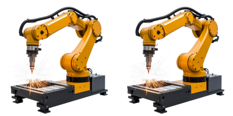 Robotic Arm Performing Welding Operations Against Transparent Background