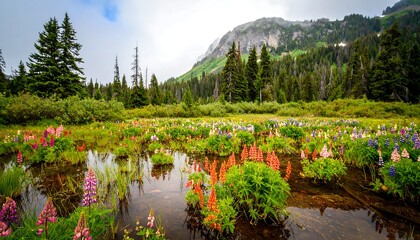 Lush meadow with wildflowers reflecting in a still pond