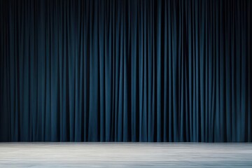 Elegant theater stage with closed dark blue velvet curtains and smooth floo ready for performance or presentation setting