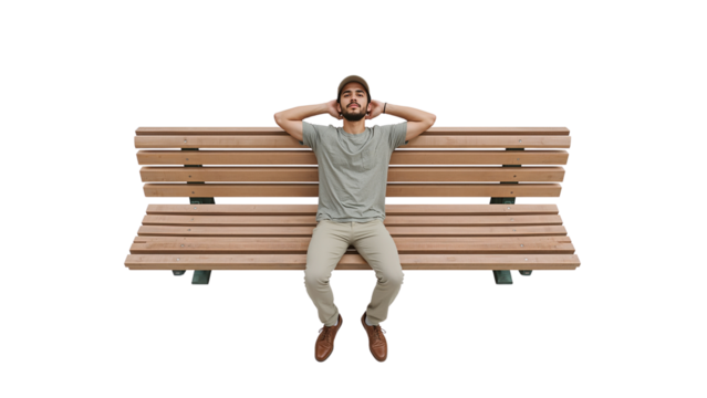 Man in casual clothing relaxing on a modern park bench with his hands behind his head, enjoying the peaceful outdoors with a calm and serene expression