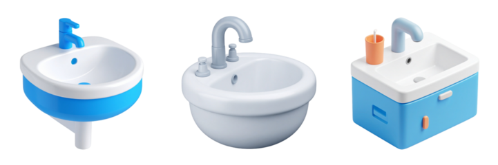 Isometric Bathroom Sinks In White Blue And Gray Colors With Transparent Background