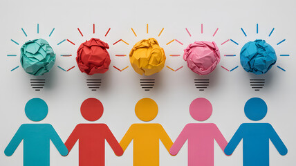 Creative team collaboration and idea generation with colorful paper lightbulbs and figures holding hands