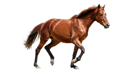 Obraz premium A majestic brown horse isolated on white background gallops gracefully across a lush green field under a clear blue sky
