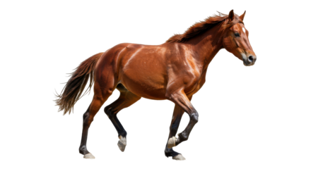 A majestic brown horse isolated on white background gallops gracefully across a lush green field under a clear blue sky