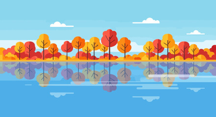 Autumn Landscape Vector Illustration with Trees and Water Reflection Modern Geometric Design