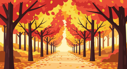Landscape Vector Illustration with Autumn Trees in Yellow and Orange in a Decorative Flat Style