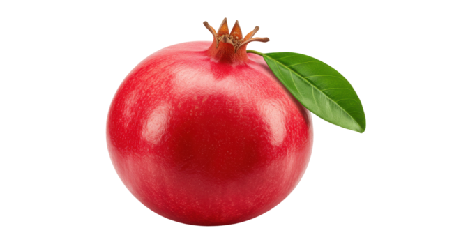 Fresh pomegranate with green leaf isolated on white background ideal for food photography