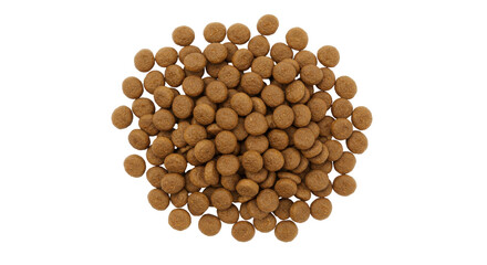 Close up of a pile of brown pet food kibble arranged in a circular pattern isolated on white background
