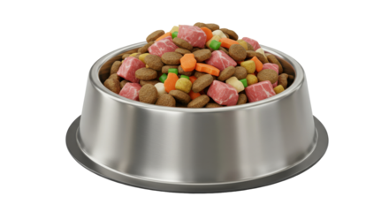 Metal pet food bowl filled with colorful kibble and meat chunks isolated on white background