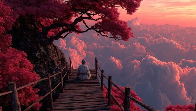 Zen monk on a cloud-filled mountain path at sunset - Powered by Adobe