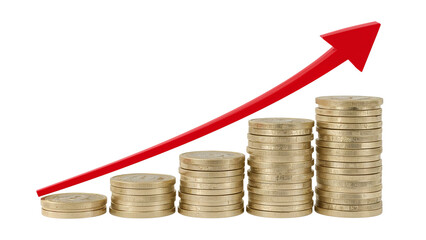 Financial growth and investment strategies demonstrated by a rising arrow over stacks of coins depicting economic success and market gains