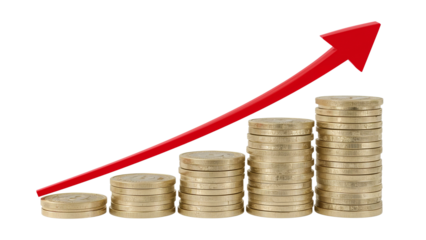 Financial growth and investment strategies demonstrated by a rising arrow over stacks of coins depicting economic success and market gains
