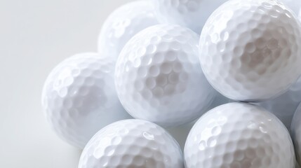 Neatly arranged golf balls on white surface, clean reflections and product-style presentation.