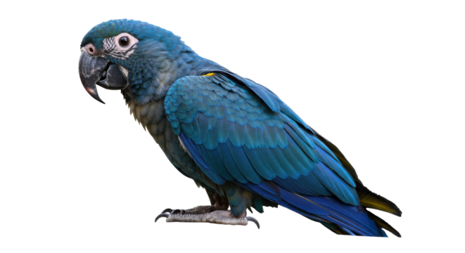 Vibrant blue parrot isolated on white background perched gracefully showcasing its feathers against a plain backdrop