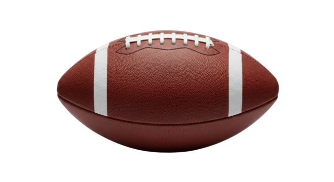 Classic brown football with white stripes isolated on white background
