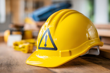 Yellow Hard Hat with Caution Sign on Wooden Surface for Safety Concept. Mock up promotion information for marketing announcements and details, blank white space.