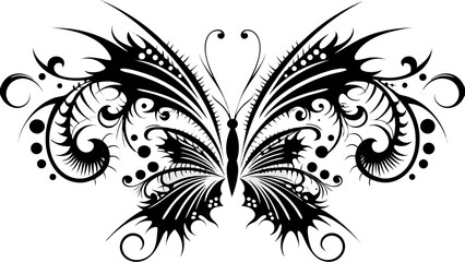 A decorative butterfly with intricate black and white patterns and symmetrical wing designs displayed nicely silhouette
