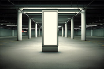 Empty Light Box Billboard Display in an Underground Parking Garage. Mock up promotion information for marketing announcements and details, blank white space.