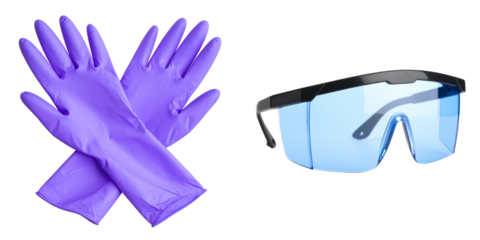 Purple Rubber Gloves And Blue Safety Glasses On Transparent Background