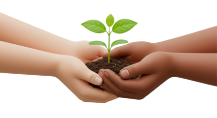 Diverse hands isolated on white background nurturing a small green plant in rich soil symbolizing growth and unity