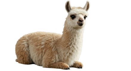 A fluffy relaxed llama resting isolated on white background showcasing serene expression
