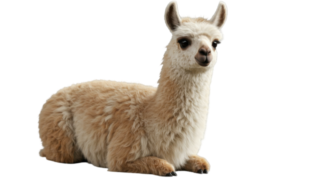 A fluffy relaxed llama resting isolated on white background showcasing serene expression