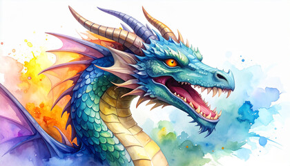 A detailed watercolor illustration of a majestic, colorful dragon with open mouth and sharp teeth.
