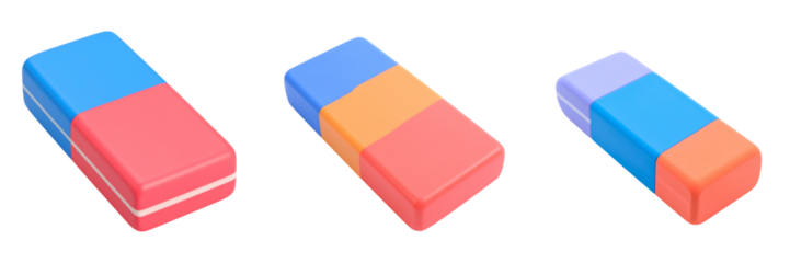 Three Colorful Isometric Erasers Isolated On Transparent Background