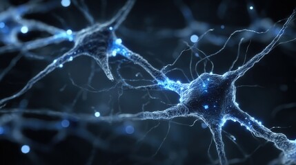 Structure of DNA helix and neuron clusters Neurons illuminated in blue, showcasing intricate connections and structures in a scientific representation of the nervous system.