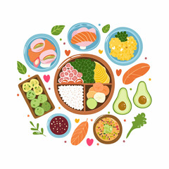 Colorful Illustration of a Healthy Poke Bowl Arrangement
